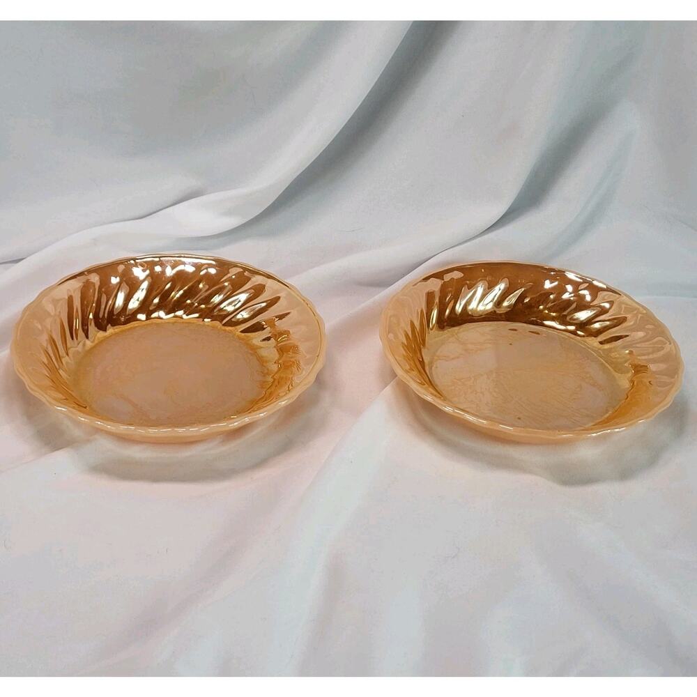 Set of 2 Anchor Hocking Fire King Peach Lustre Shell Swirl Pasta Bowls 8 1/2"